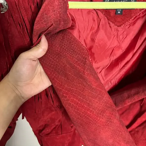 Outerbound by HMS Red Cropped Fringe Vintage Leather Jacket Sz M - Picture 6 of 16